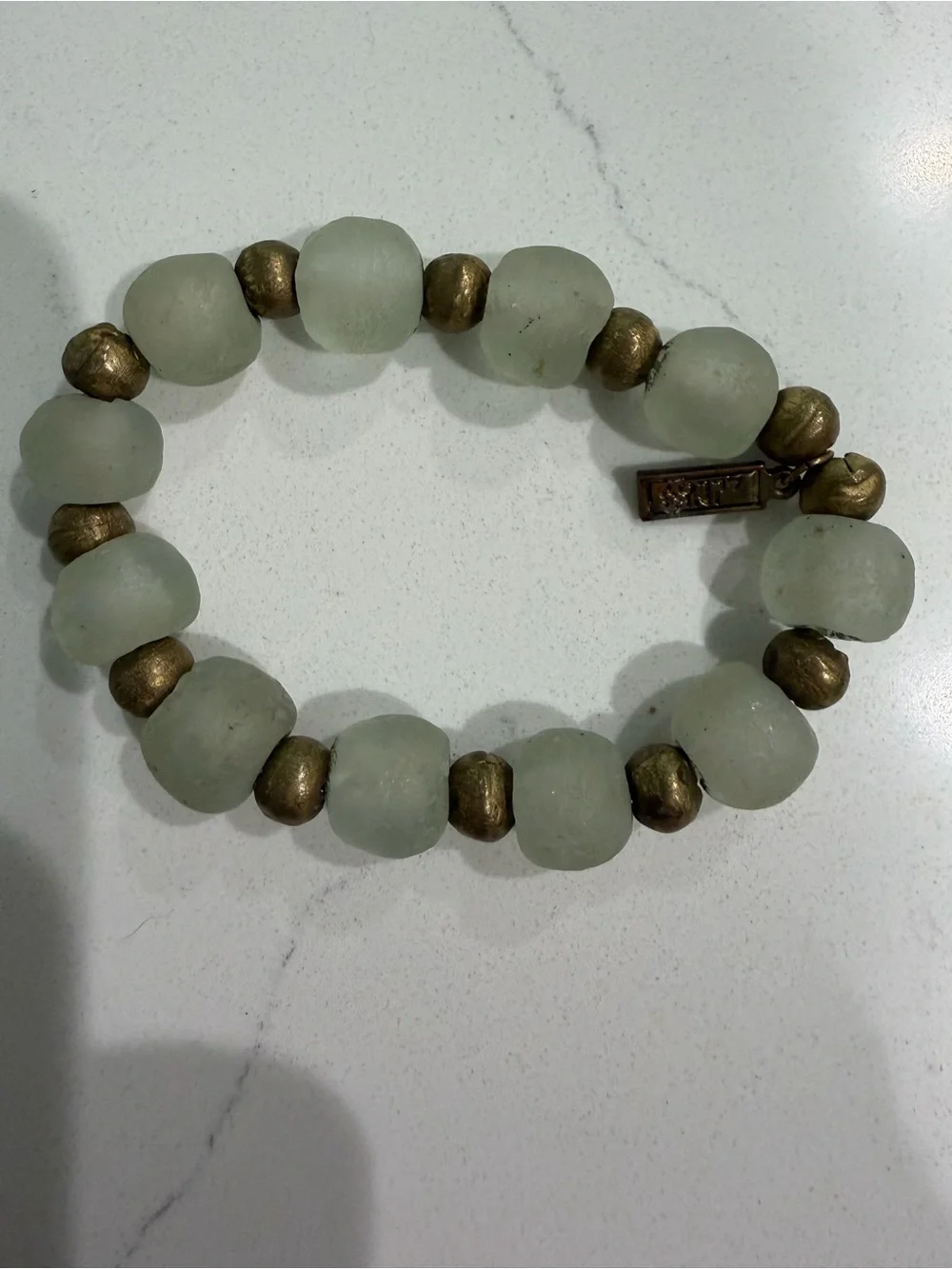 Beaded Stretch Bracelet with Pale Seafoam Glass and Antiqued Gold Beads